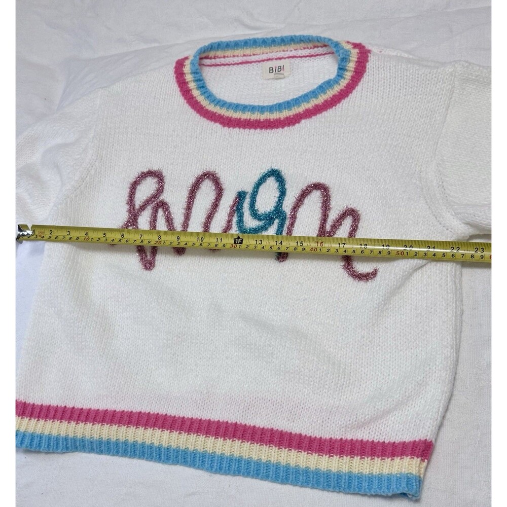 EUC BiBi Fuzzy Cursive Script Spring Sweater Coquette Y2K Puff Sleeve Knit Top S - Picture 15 of 15